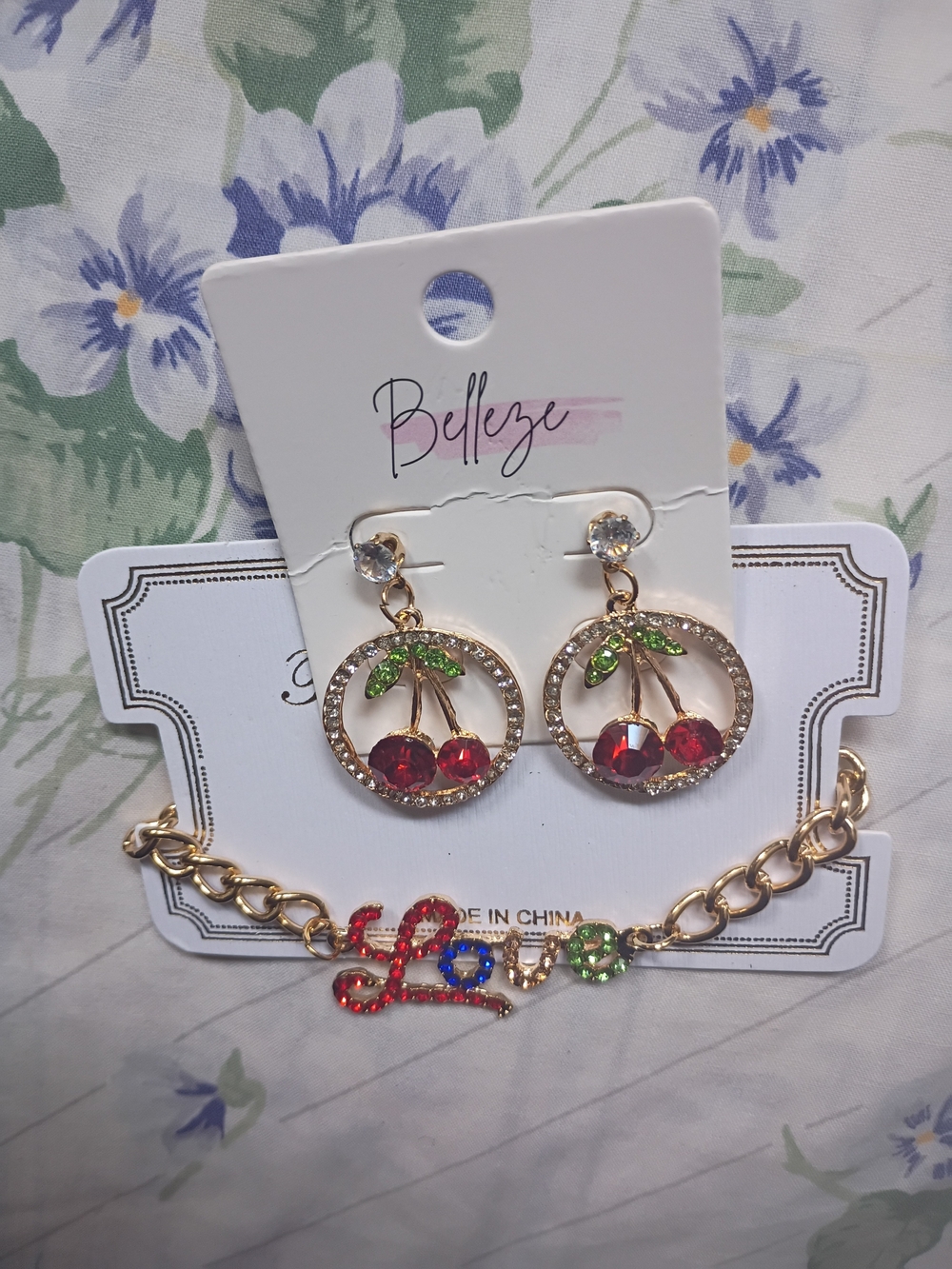 Gold-Tone Red Cherry Drop Earrings with Green Accents